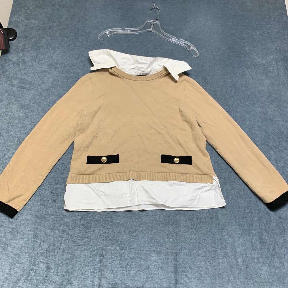 Ann Taylor Sweater Womens Large Beige White Twofer Collar Long Sleeve Winter
